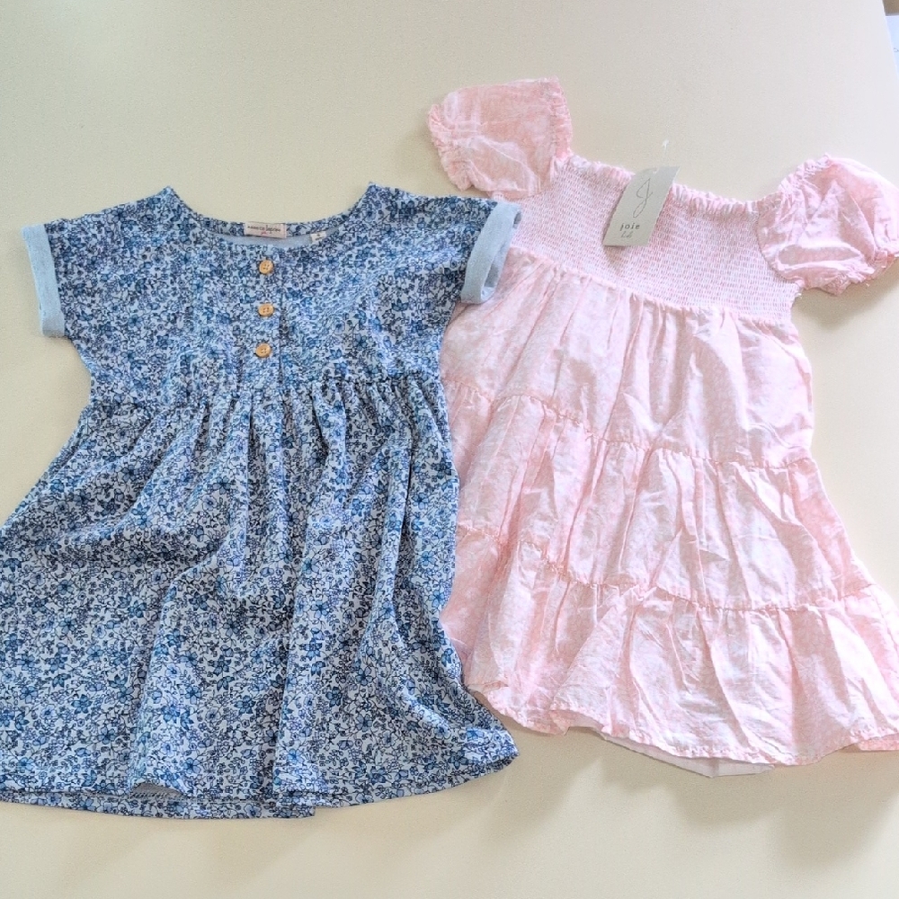 Blue Floral Knit Girls' Dress and Pink Smocked Cotton Dress - Bundled Sz6